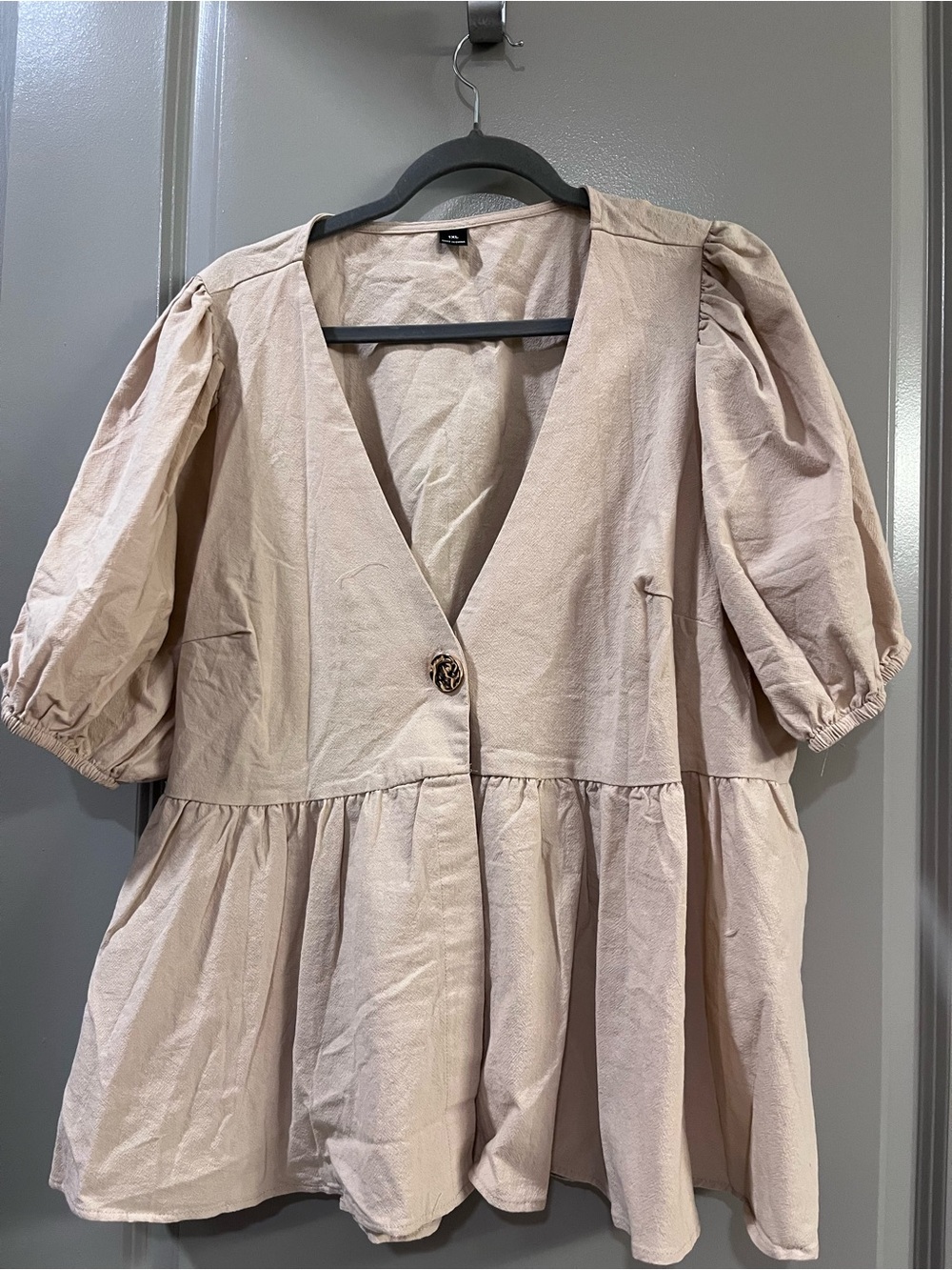 SHEIN Blush Peplum Button-Front Puff Sleeve Top + Pants
